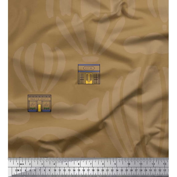 Soimoi Brown polyester Crepe Fabric Architectural Structure & Hot Air Balloon Holiday Print Fabric by Yard 42 Inch Wide