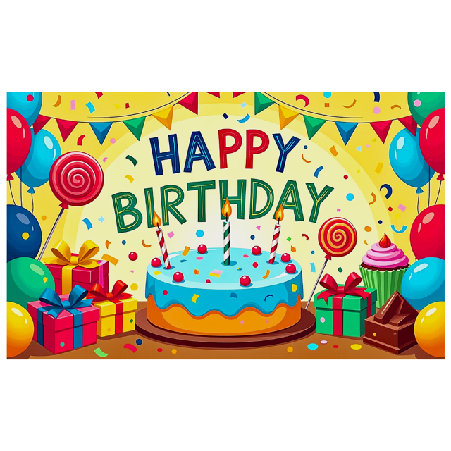Colorful Happy Birthday Banner with Cake Balloons and Presents Party Decoration Backdrop Background for Birthday Party Photography Props Celebrations Decorations Festivities