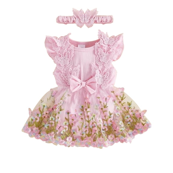 HWJAD Butterfly Lace One-Piece Romper Dress and Headband Set for Newborn Baby Girls Infant Tulle Bodysuit Dresses Summer Outfits