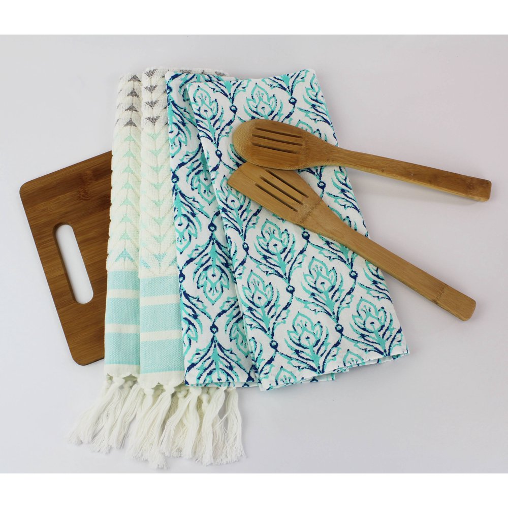 Peach and Oak Kitchen Towel Bundle Aqua Chevron Terry Towel + Tea Towel 4pack Walmart