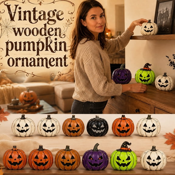Mskk Wooden Pumpkin Tabletop Ornaments 5 Inch, Halloween Multiple Color 2D Pumpkins Decor Indoor for Mantel Shelf Farmhouse Indoor Home Party Display