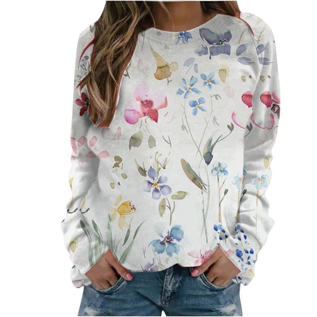 RKSTN Chandails à Manches Longues pour Femmes Mode à Imprimé Floral Décontracté Hauts à Manches Longues à Col Rond Coupe Ample Chandail Blouse