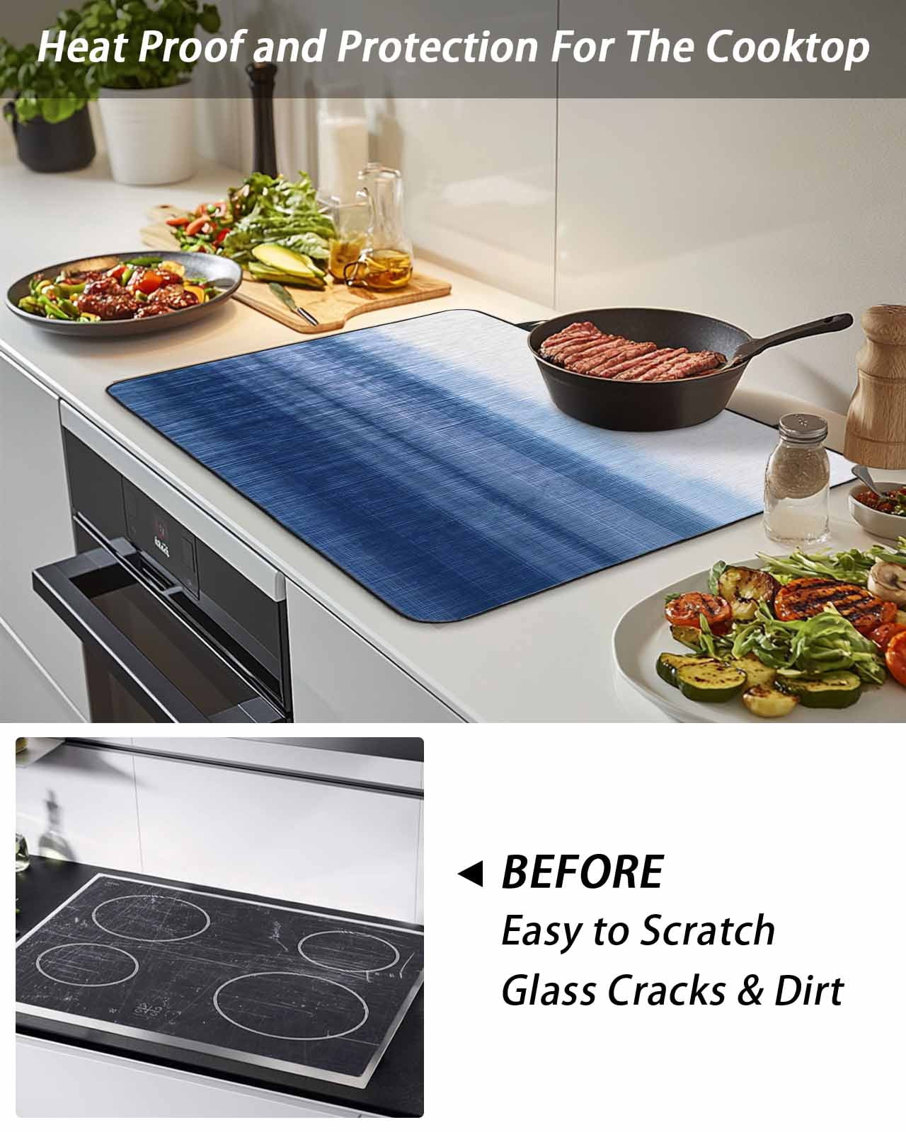 Stove Top Covers for Electric Stove, Navy Blue Ombre Glass Stovetop Cover Protector, Farmhouse Modern Gradient Induction Cooktop Protector Oven Mat for Kitchen Countertop 24"x21"