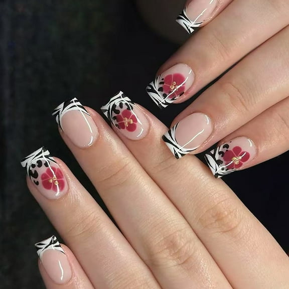 24Pcs Black Stripes Red Floral Glitters Fake Nails Plastic Reusable Press On Manicure Set For Women Fall Winter Stylish Look