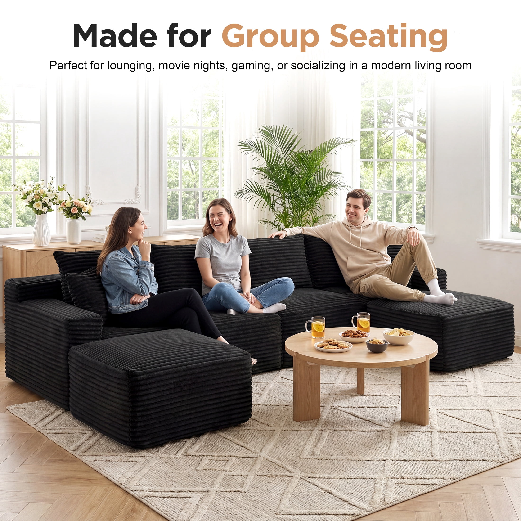 Aenkyo 115" Corduroy U-Shaped Modular Sectional Sofa with 2 Ottomans, 4-Seater, Black