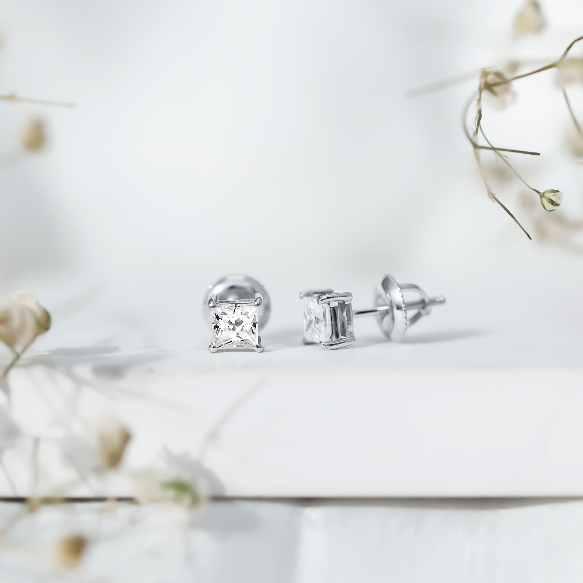 Certified 1.50 Ct Moissanite Stud Earrings with Screw Back (5 mm, D-VS1 Grade) - 925 Silver Princess Cut Earrings - Gift for Women