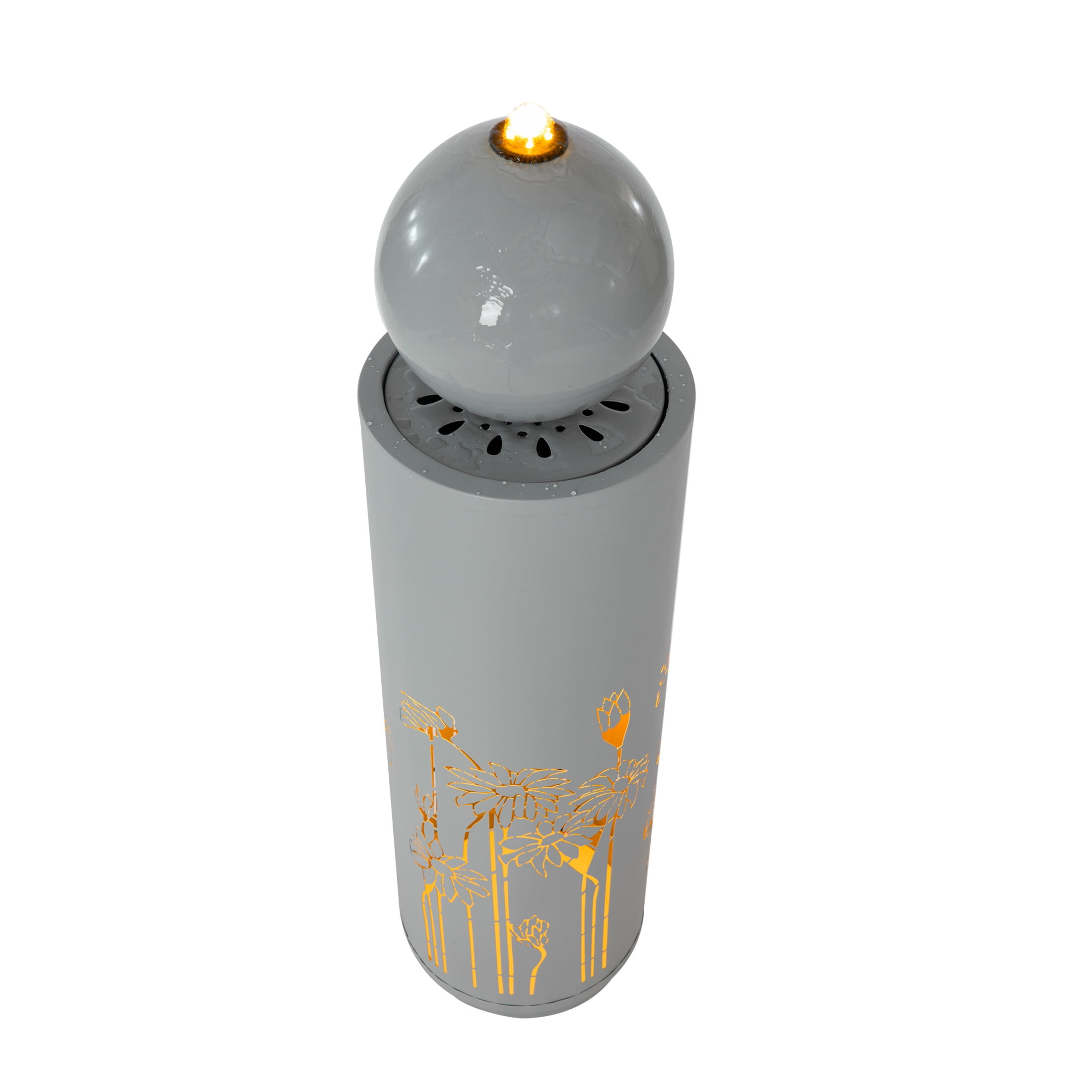 Christopher Knight Home 34.25" Outdoor Sphere-Top Fountain with LED Lights, Cutout Water Feature, Light Gray