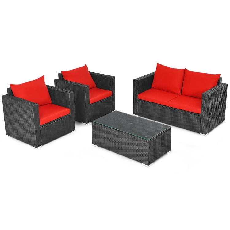Aimee Lii 4 Pieces Patio Rattan Conversation Set, Small Patio Set with Padded Cushion and Tempered Glass Coffee Table, Red Aimee Lii 4 Pieces Patio Rattan Conversation Set, Small Patio Set with Padded Cushion and Tempered Glass Coffee Table, Red