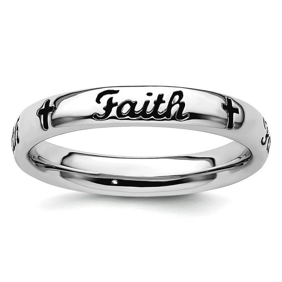 3.5mm 925 Sterling Silver Polished Stackable Black Enamel Faith Ring Size 5 Stackable Ring for Women