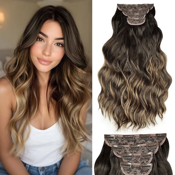 Phocas Long Wavy Curly Clip in Hair Extensions for Women Brown Highlight Blonde Synthetic Thick Hairpieces(23in,4pcs)