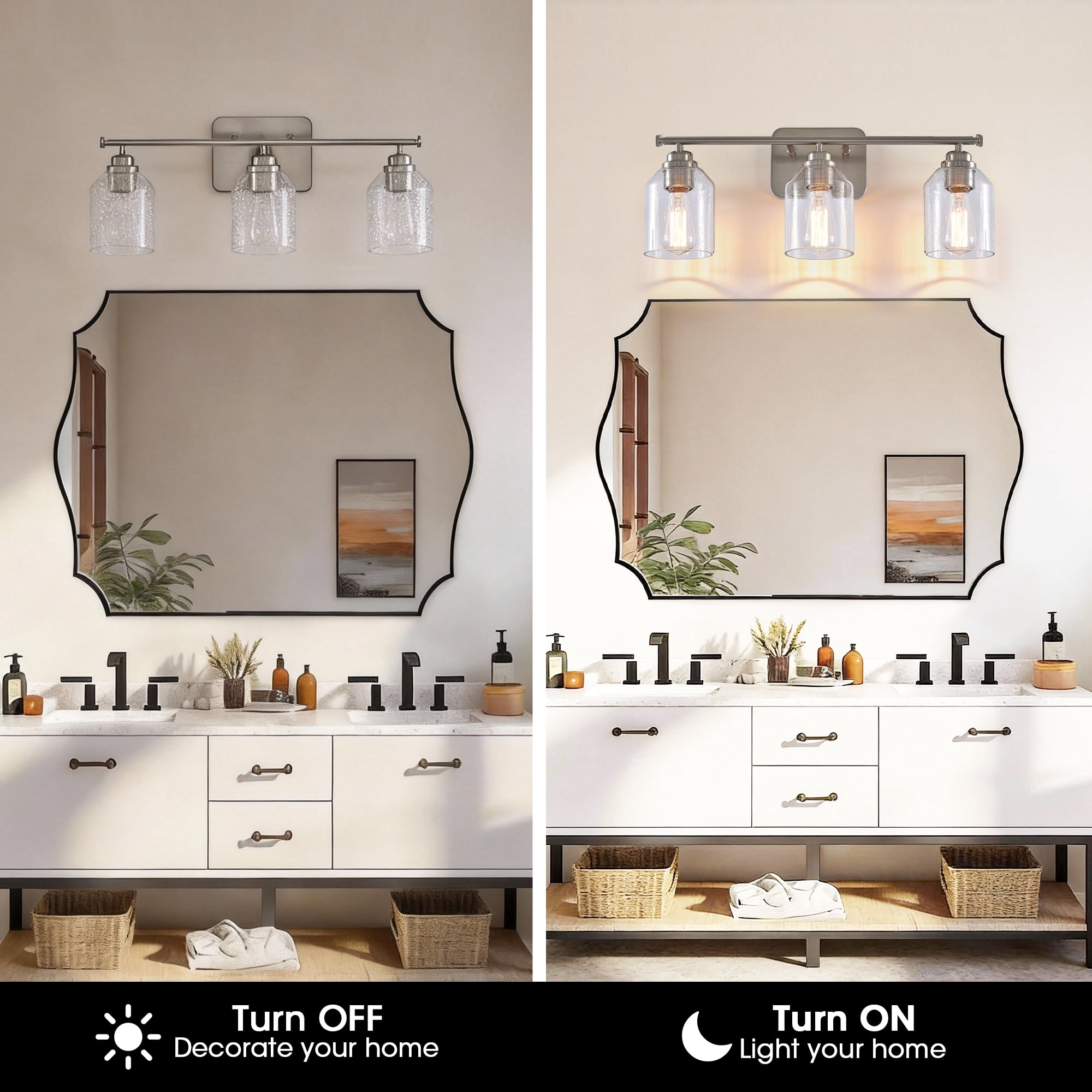 22" Modern Brushed Nickle 3-Light Seeded Glass Vanity Light Wall Sconce for Bathroom and Hallway