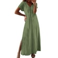 thumbnail image 3 of Summer Dresses Women's Summer Wrap Maxi Dress Casual Boho Floral V Neck Short Sleeve Ruffle Hem Split Beach Long Dresses Army Green, 3 of 6