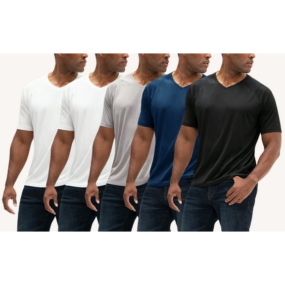 DEVOPS 5 Pack Men's UPF 50 Sun Protection Moisture Wicking Dry-Fit Short Sleeve Workout V-Neck Shirts (2X-Large, White/White/Graphite/Navy/Black)