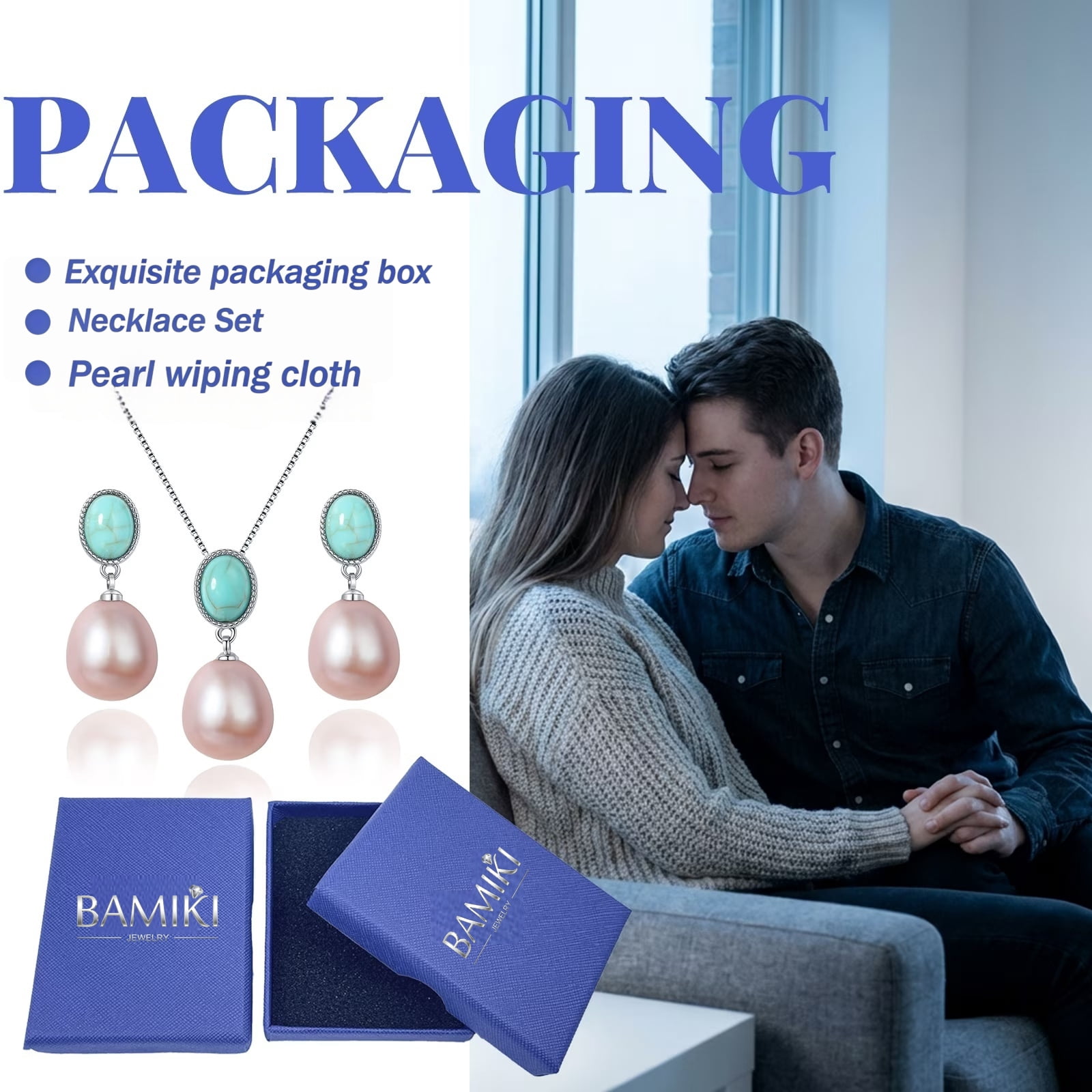 BAMIKI 9-10mm Purple Pearl Necklace and 8-9mm Earrings Set 925 Sterling Silver Valentine's Day Jewelry Gift for Women