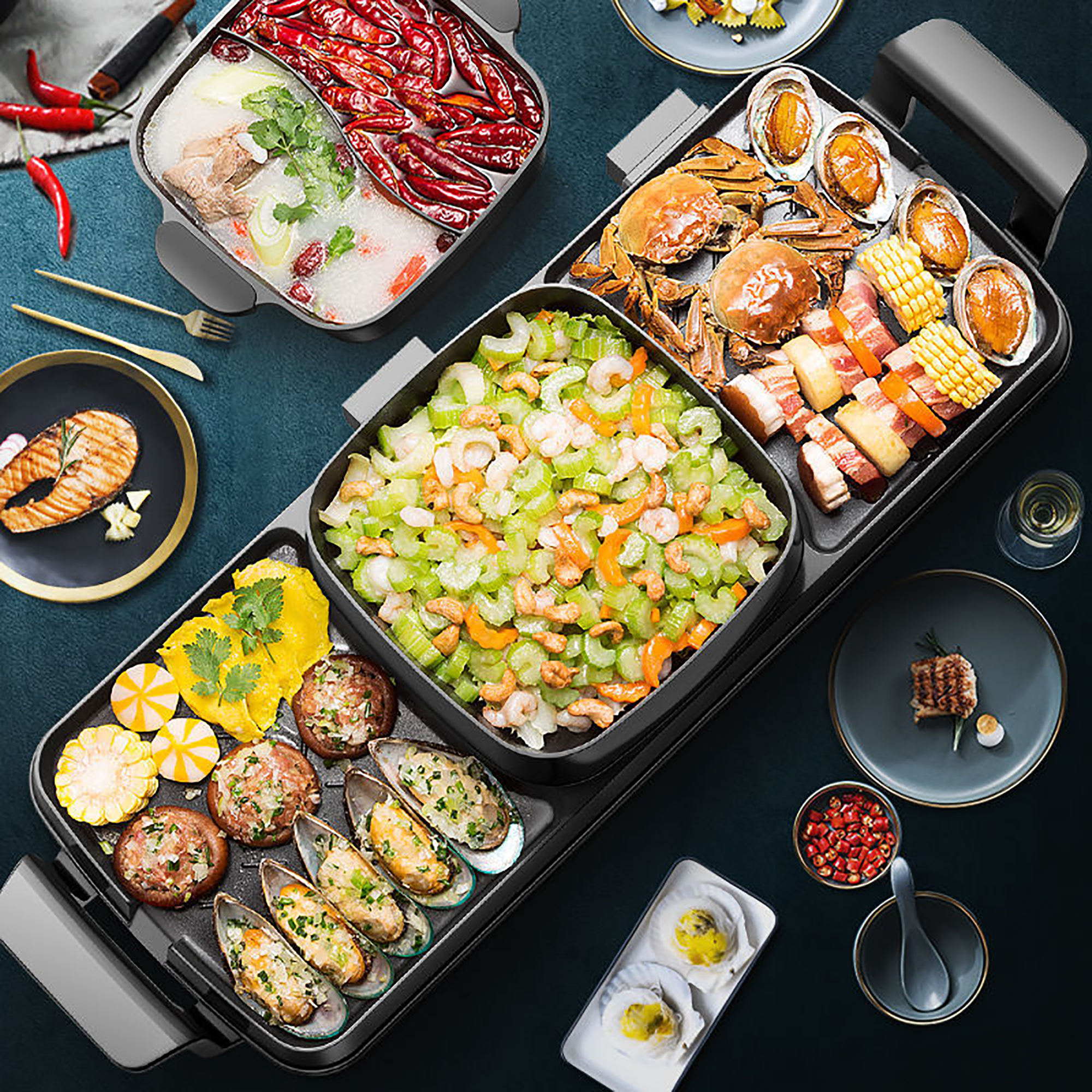 KFFKFF 2-in-1 Electric Grill & Hot Pot - Dual Temperature Control, Non-Stick Teppanyaki & Shabu Shabu Cooker
