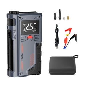 TFixol ST-9631Pro Multifunctional 14.8V Portable Car Jump Starter with 10000mAh Battery, Tire Inflator, and Emergency Power Supply for 4.0L Gas/2.5L Diesel Vehicles, Includes Storage Bag, Grey+Black
