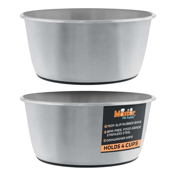 Master Pet Supply Stainless Steel Dog Bowls Set of 2 (32 Oz Each) with Non-Slip Rubber Base - Stainless Steel - Basic Dog Food Bowl Water & Food Bowls for Small Medium Large Dogs & Cats, Metal Dish