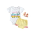 thumbnail image 1 of Infant Girls Three-piece Layette White Letters Print Short Sleeve Romper Ruffled Shorts Set with Headband, 1 of 9