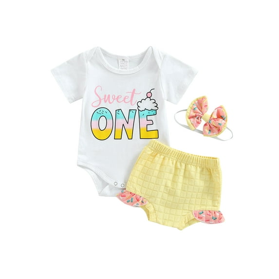 Infant Girls Three-piece Layette White Letters Print Short Sleeve Romper Ruffled Shorts Set with Headband