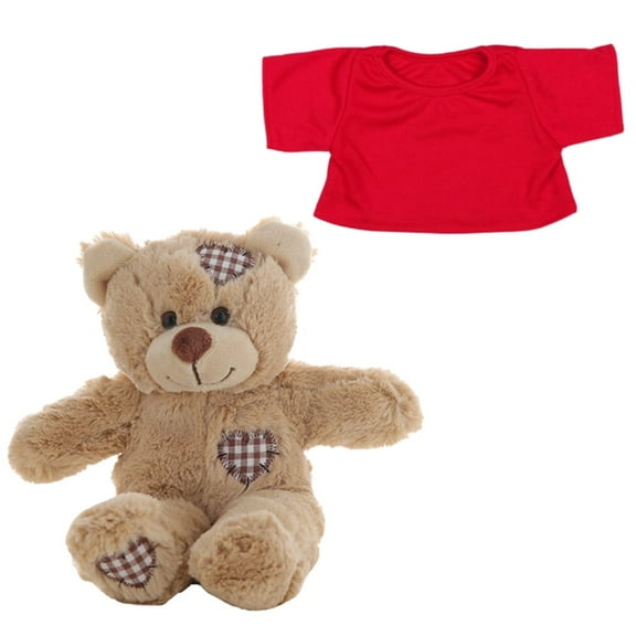 Plush Gear Brown Patches Bear 8" Plush Toy with Red T-Shirt – Soft Cuddly Gift for Kids