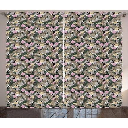 Safari Curtains 2 Panels Set Pattern Of Exotic Flower Orchid And Baby Jaguars Rainforest Jungle Wildlife Theme Window Drapes For Living Room