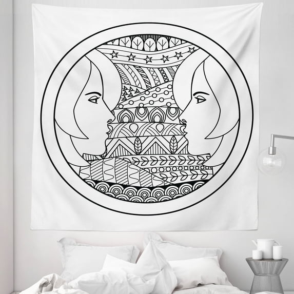 Zodiac Gemini Tapestry, Ornamental Circle Design with Patterns and 2 Women Portraits, Fabric Wall Hanging Decor for Bedroom Living Room Dorm, 5 Sizes, Black and White, by Ambesonne