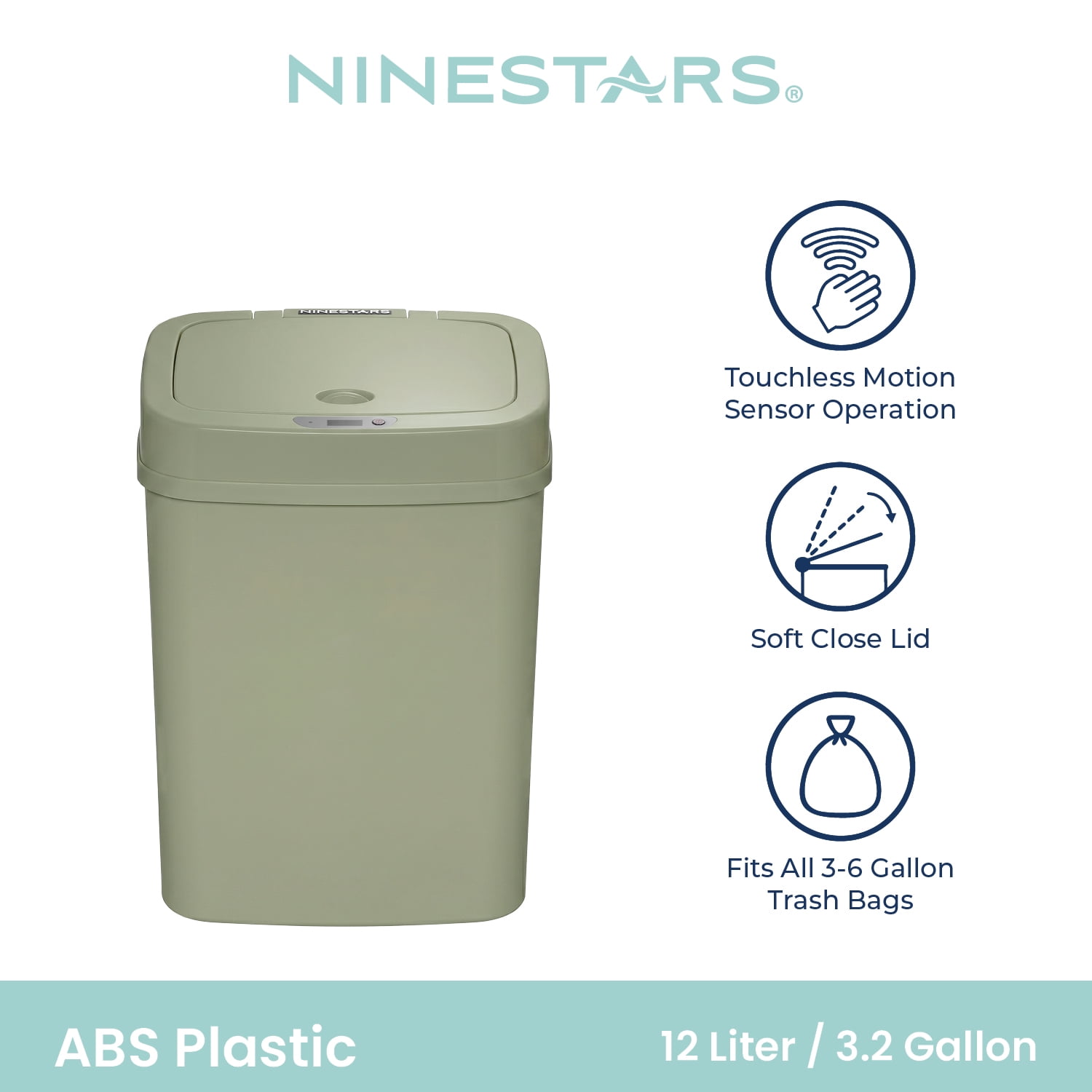 Nine Stars Motion Sensor Automatic Bathroom Trash Can, 3.2 Gallon Plastic, Motion Sensor Soft Close Lid Garbage Bin, Olive Green