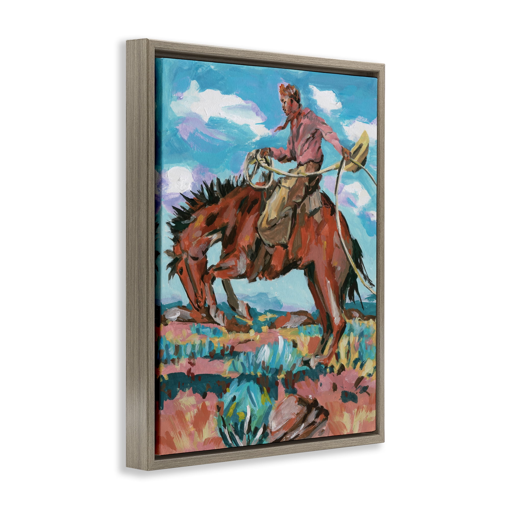 Stupell Industries Lassoing Cowboy Scene Animals Painting Brown Floater Framed Canvas Art Print Wall Art, 25 x 31