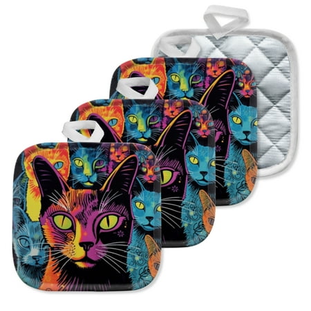 

4 Pack Pot Holders Kitchen Essential Potholder Set Pop Art Style Cat Image With Colorful Companions