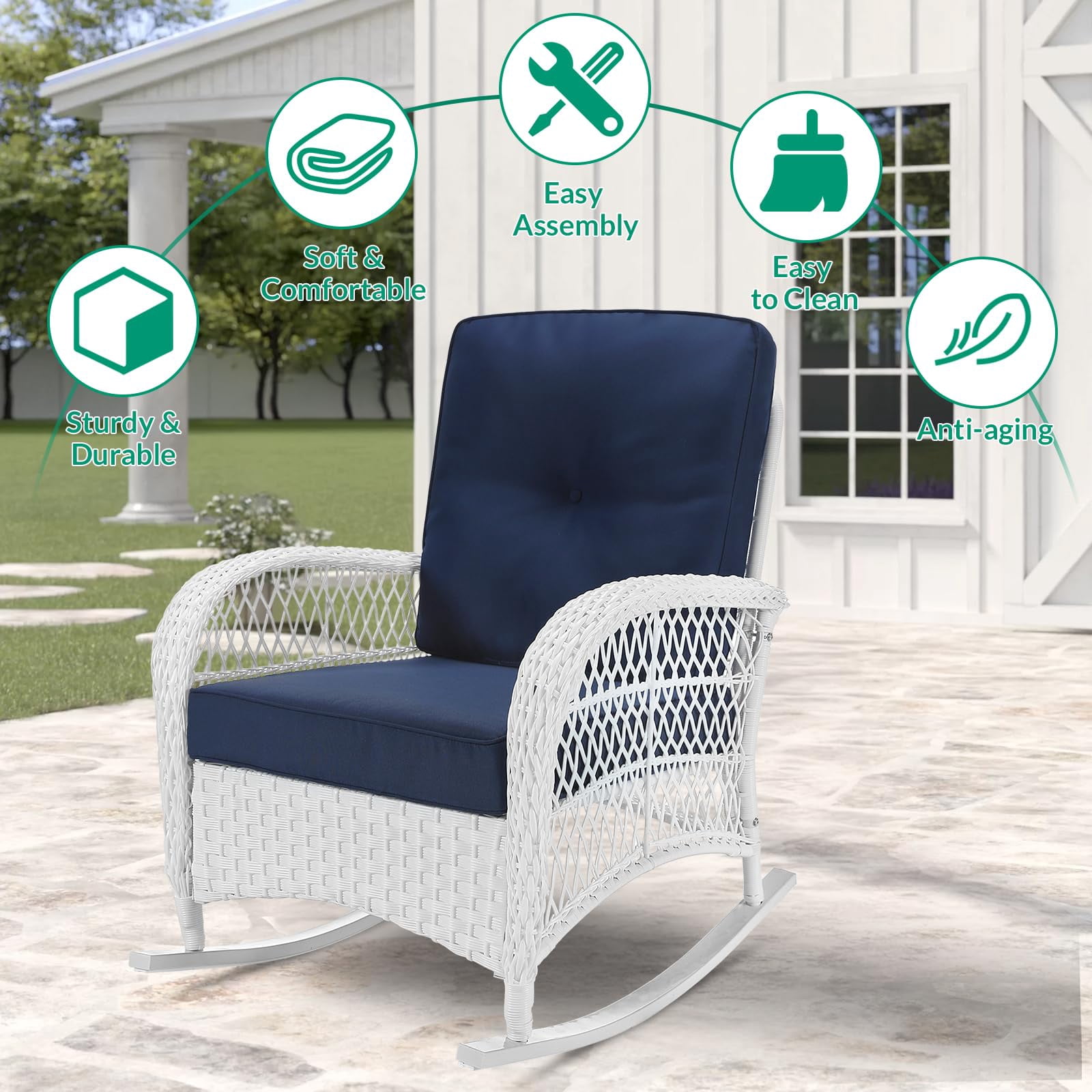 VIVIJASON 3-Piece Outdoor Conversation Bistro Set, Patio Wicker Rocking Chairs Rattan Furniture Sets w/ 2 Rattan Chairs, Cushions, Glass Top Side Table for Garden Porch Backyard (White/Navy Blue)