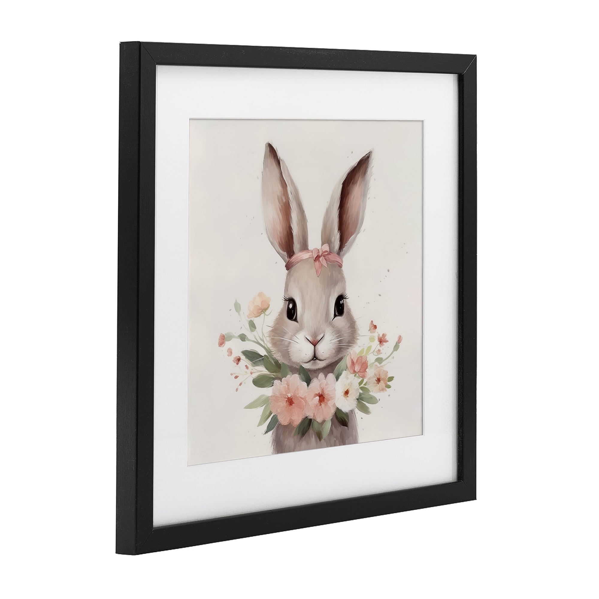 Stupell Industries Charming Bunny in Floral Wreath Black Framed Print Under Glass, design by Lazar Studio