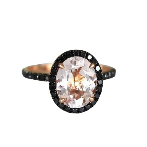 HeartsAndYou 3ct Oval Natural Peach Morganite Black Moissanite Halo Ring 14k SOLID Rose Gold