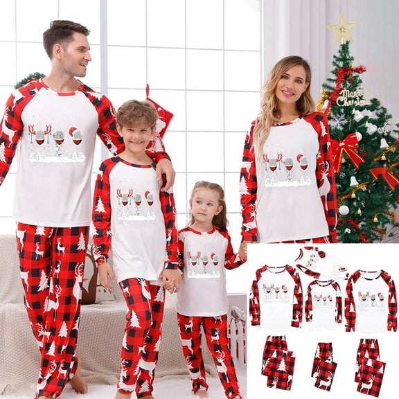 Odeerbi Christmas Pajamas for Family Holiday Long Sleeve Family Christmas Pajamas Matching Sets Dad Casual Printed Top with Bottom Outfits Home Wear Sleepwear Family Matching PJs Set Red