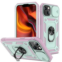 Military Grade Drop Impact for iPhone 14 Plus Camera Lens Slide Protection Case 360 Metal Rotating Ring Kickstand Holder Armor Shockproof Case For iPhone 14 Plus, Pink Green