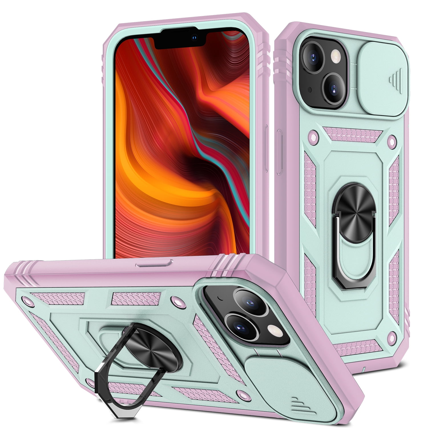 Military Grade Drop Impact for iPhone 14 Plus Camera Lens Slide Protection Case 360 Metal Rotating Ring Kickstand Holder Armor Shockproof Case For iPhone 14 Plus, Pink+Green