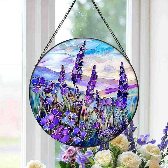 Lavender Suncatcher Hanging Stained Glass Window Decor, Texas Bluebonnet Sun Catcher for Wall Art, Gift for Women