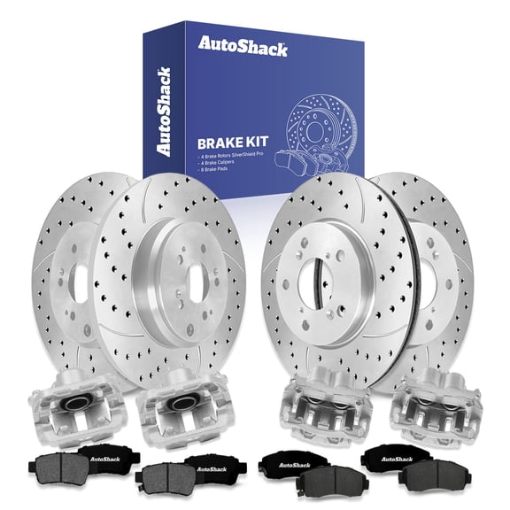 AutoShack Front Vented & Rear Solid Drilled & Slotted Silver Zinc Coated Brake Rotors   Ceramic Pads   Calipers 16-PC Brake Kit Replacement for 2005-2010 Honda Odyssey SilverShield Pro