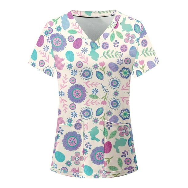 Easter Scrubs Tops Women Nurse Working Uniforms Cartoon Printed V Neck
