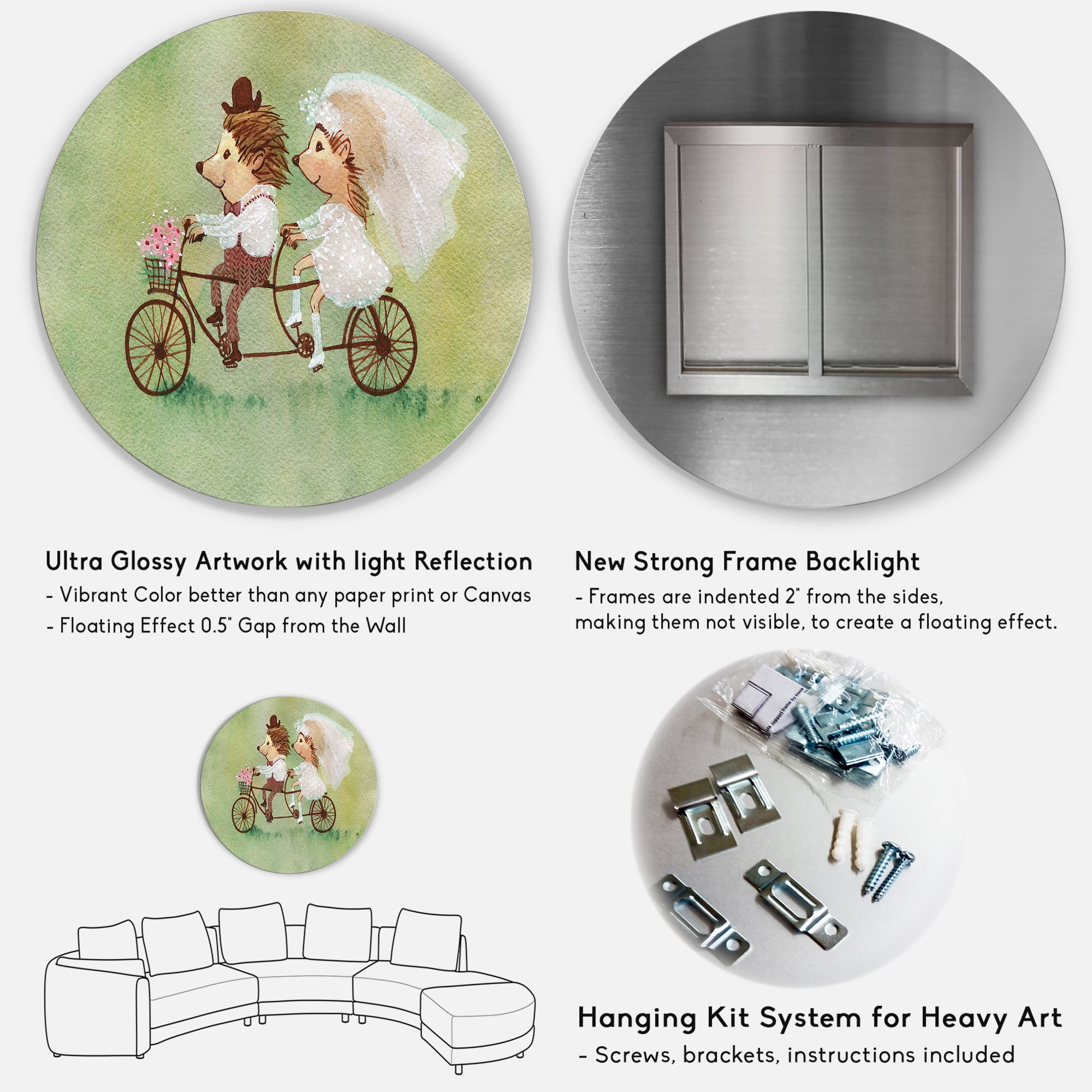 Designart 'Wedding Couple of Hedgehogs Riding A Bike' Traditional Circle Metal Wall Art 29x29 - Disc of 29