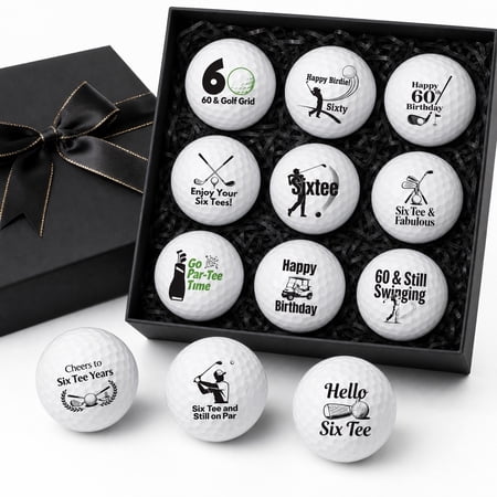 13 Pcs 60th Birthday Golf Ball Gift Set Premium Dual-Core Printed Golf Balls with Black Bow Gift Box Standard Size Funny Milestone Golf Presents Ideal Holiday Birthday Gifts for Family Golf Lover