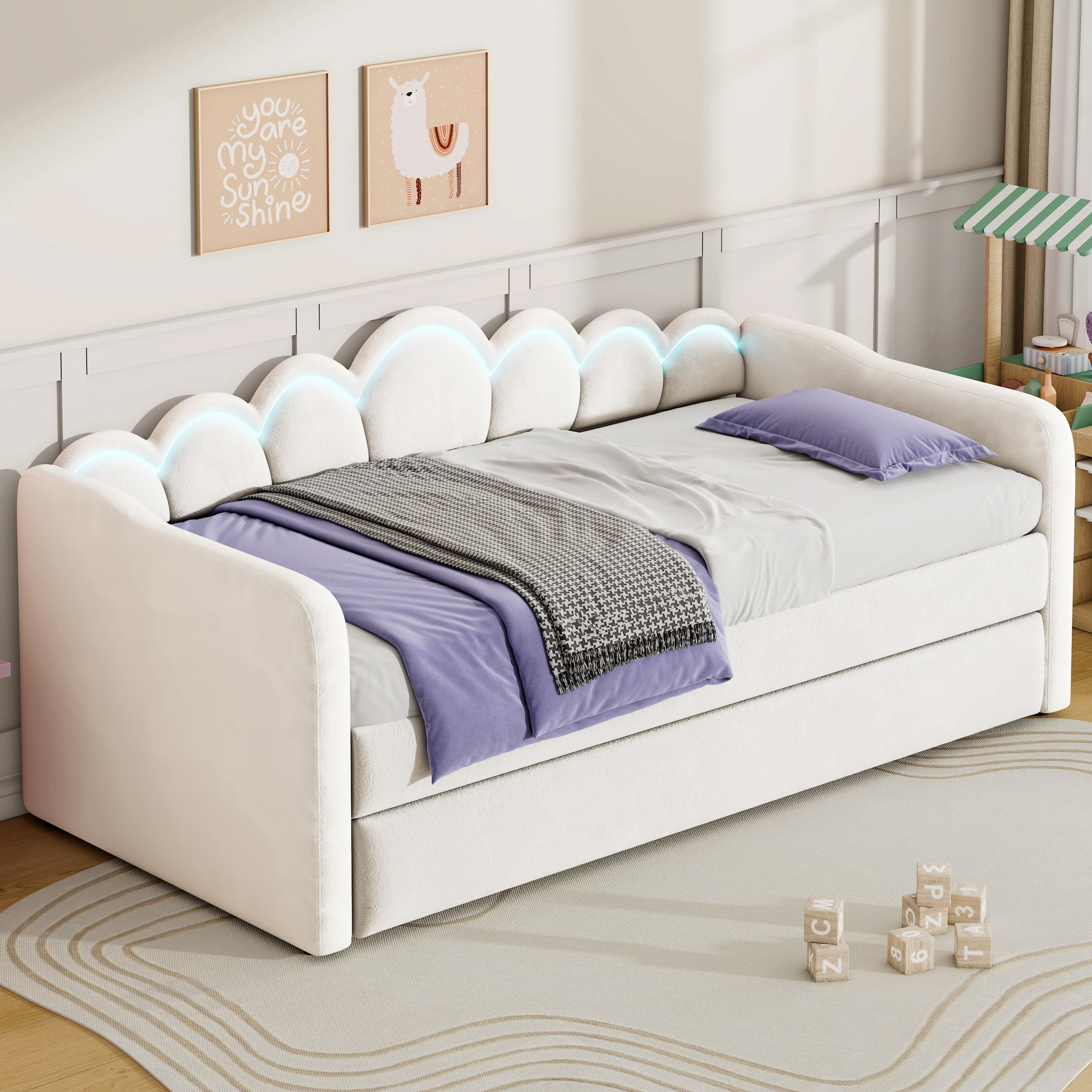 Euroco Upholstery Twin XL Daybed with Trundle and LED Light, Convertible Trundle Bed, White