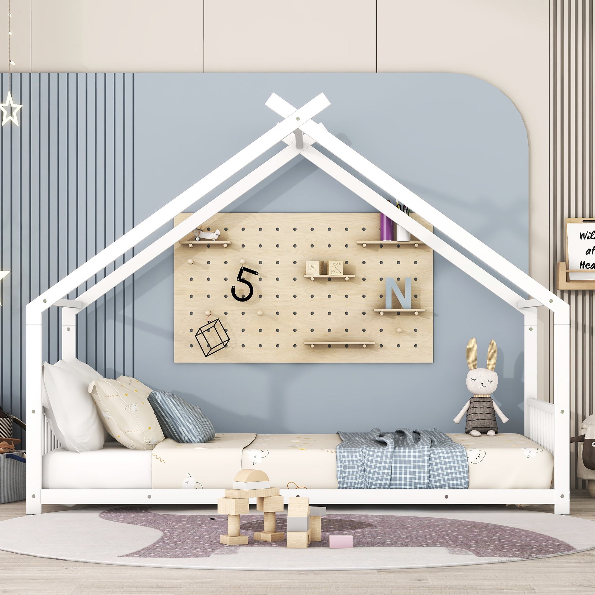PORKISS Twin Size Floor Bed Frame, Metal House Bed Featuring Roof, Modern Platform Bed with Metal Frame, No Box Spring Needed, Freestanding Montessori Bed for Kids, White