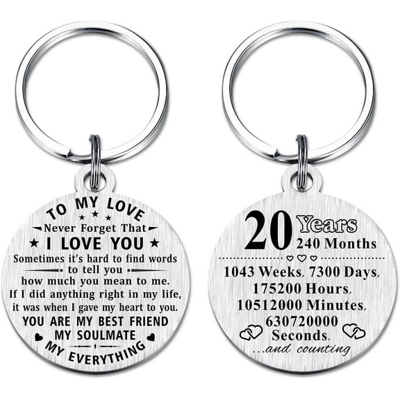 20th Wedding Anniversary Keychain Gifts, Steel Engraved 20 Year Anniversary Decorations, Happy Twenty Year Anniversary for Men Husband Women Wife