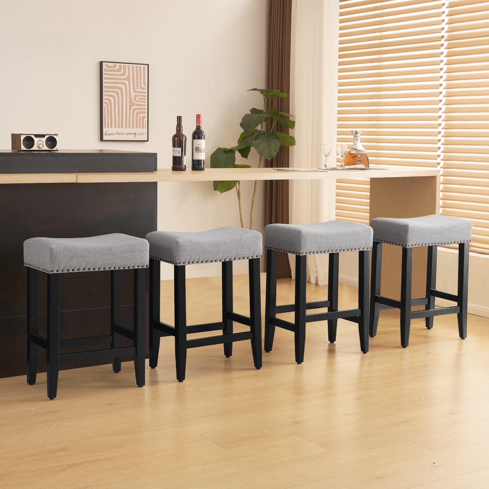 Furniliving 26" Modern Saddle Barstools, Linen Backless Kitchen Counter Bar Stool, Set of 2, Gray