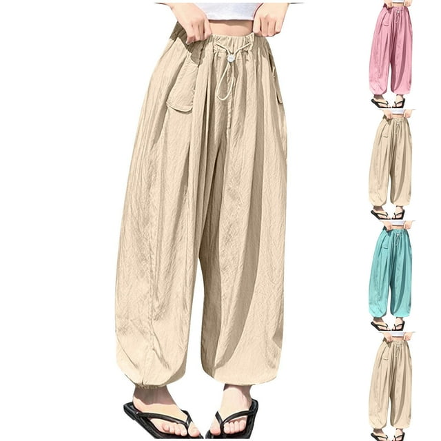 Wlynlyn Joggeurs pour Filles à Cordon Taille Haute Pantalons Amples Légers d'Été Bas Resserré 12-13 Ans