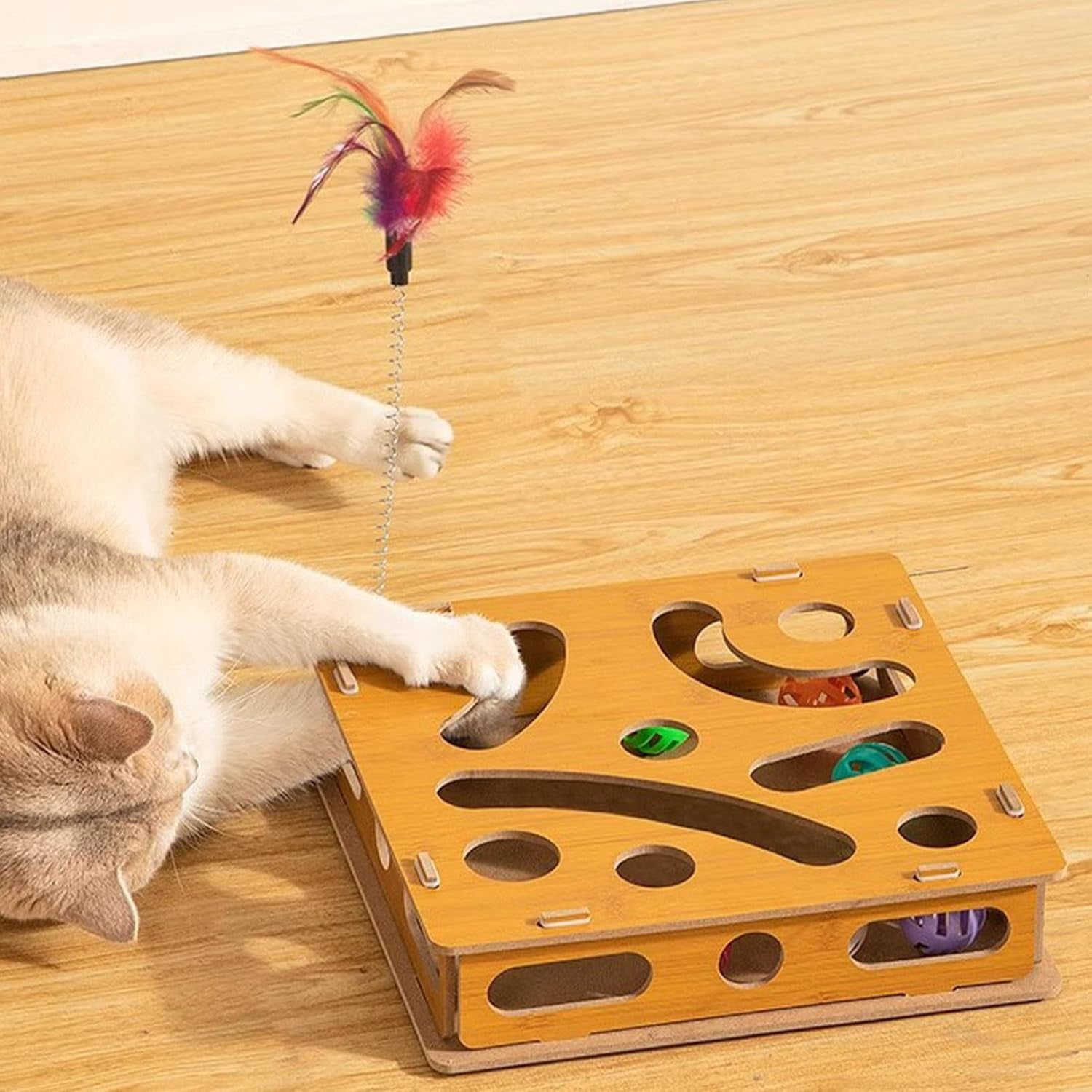 Cat Scratch Board with Bell, Interactive Wooden Toy for Indoor Cats