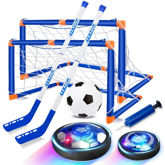 Hover Hockey Set for Kids, 4-in-1 Hover Soccer Ball Bowling Toy Set- LED Rechargeable Indoor/Outdoor Game for Ages 3-12