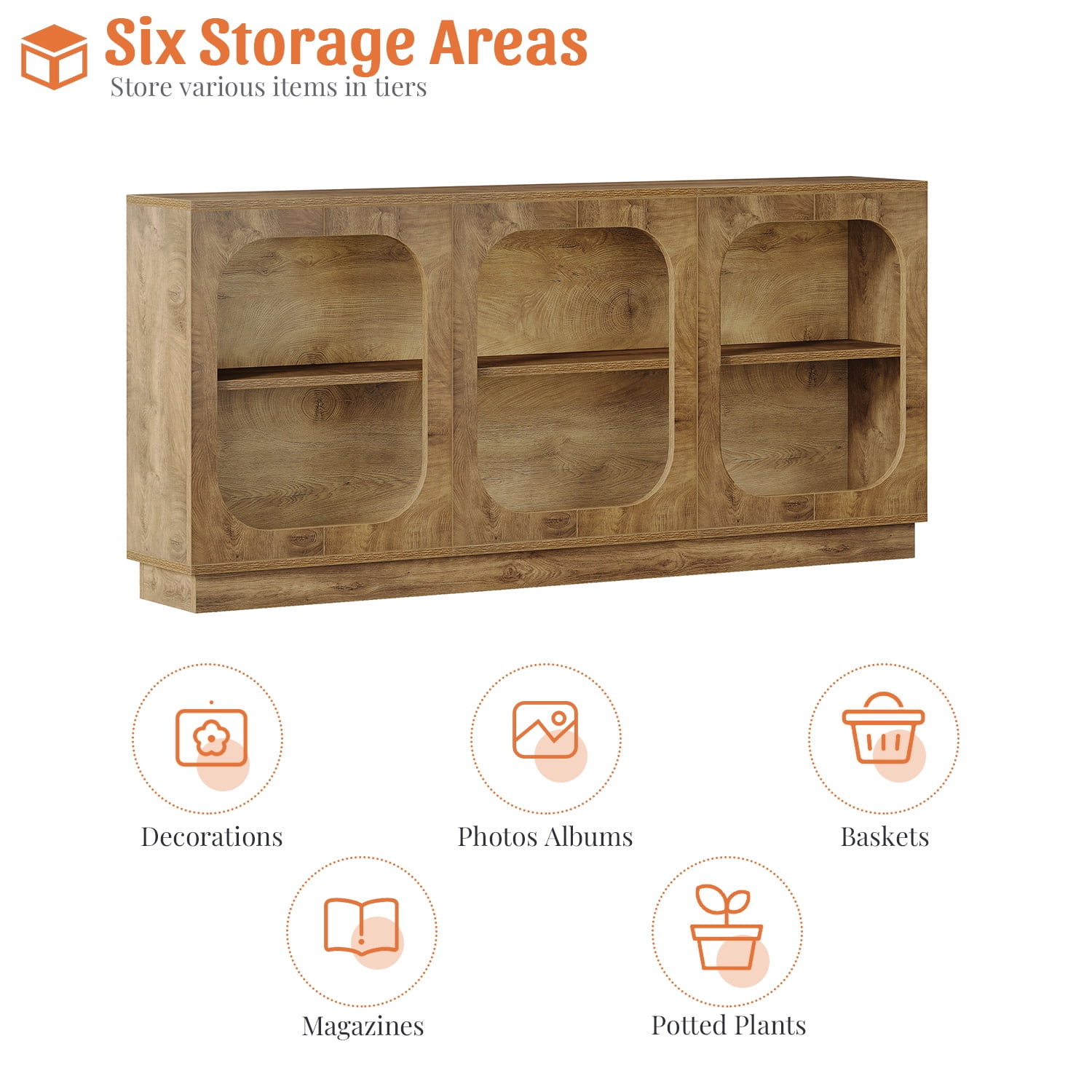 Demi Bonn 70" Bohemian Wood Sideboard, Multi Compartment Living Room Storage Cabinet, Home Decor Display Console, Brown