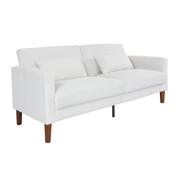 White Corduroy, Modern Sofa With Two Pillows, Suitable For Living Room, Lounge