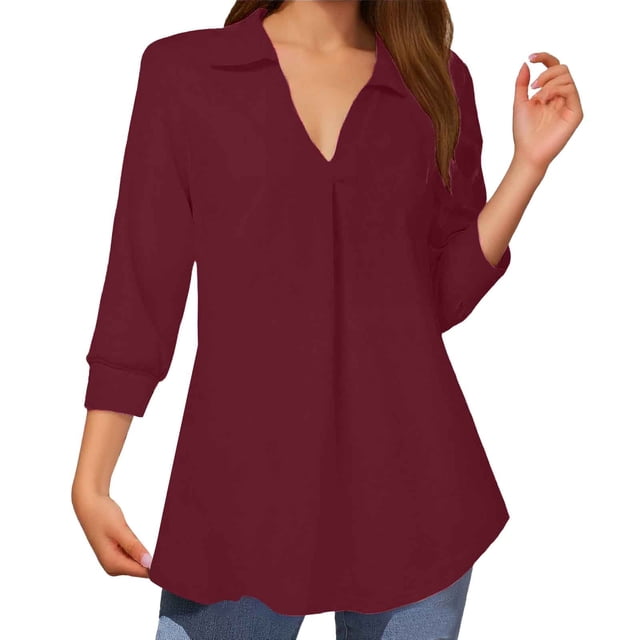 Top informal de mujer con cuello en V y manga tres cuartos - Corte holgado, primavera/otoño, para combinar con vaqueros, lavable a máquina